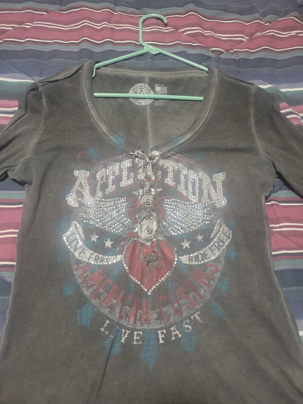 Affliction Women's Gray Graphic V-Neck Long Sleeve Tee with Embellished Heart